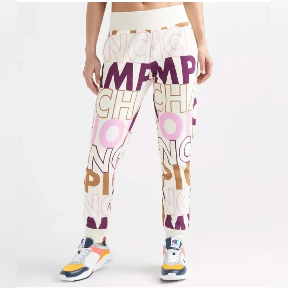 Champion Women Reverse Weave All Over Print Big Block Jogger-Chalk White-Size M